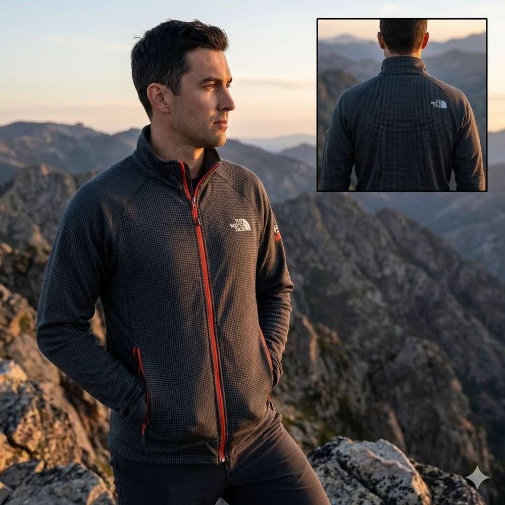 The North Face Summit Series Mens M Grey Orange Grid Fleece Jacket S11 AQCM